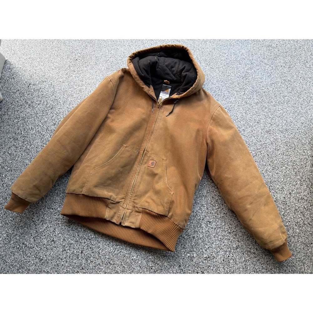 Carhartt J130 BRN Sandstone Duck Active Jacket Hooded Quilted Lined Brown Medium